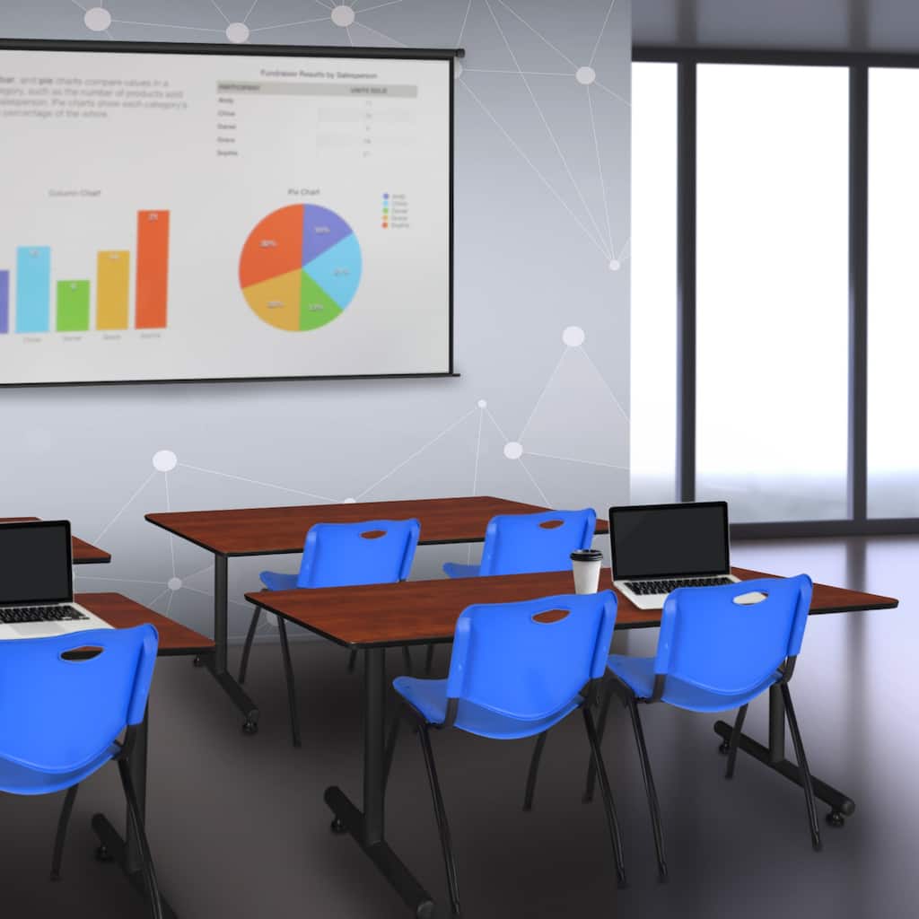 60" x 30" Training Table- Cherry and 2 "M" Stack Chairs- Blue - 60" x 30"