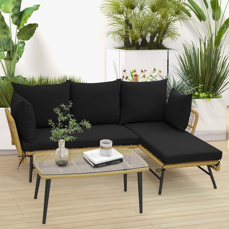 3 PCS L-Shaped Patio Sofa Set Conversation Furniture Set Black/Beige