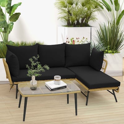 3 PCS L-Shaped Patio Sofa Set Conversation Furniture Set Black/Beige