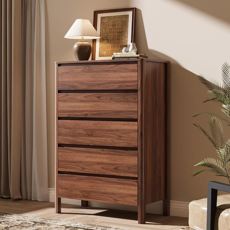 FURNIWAY Walnut Drawer Tall Dresser, Modern Chest with Hidden Handles, Storage Organizer - 5-drawer