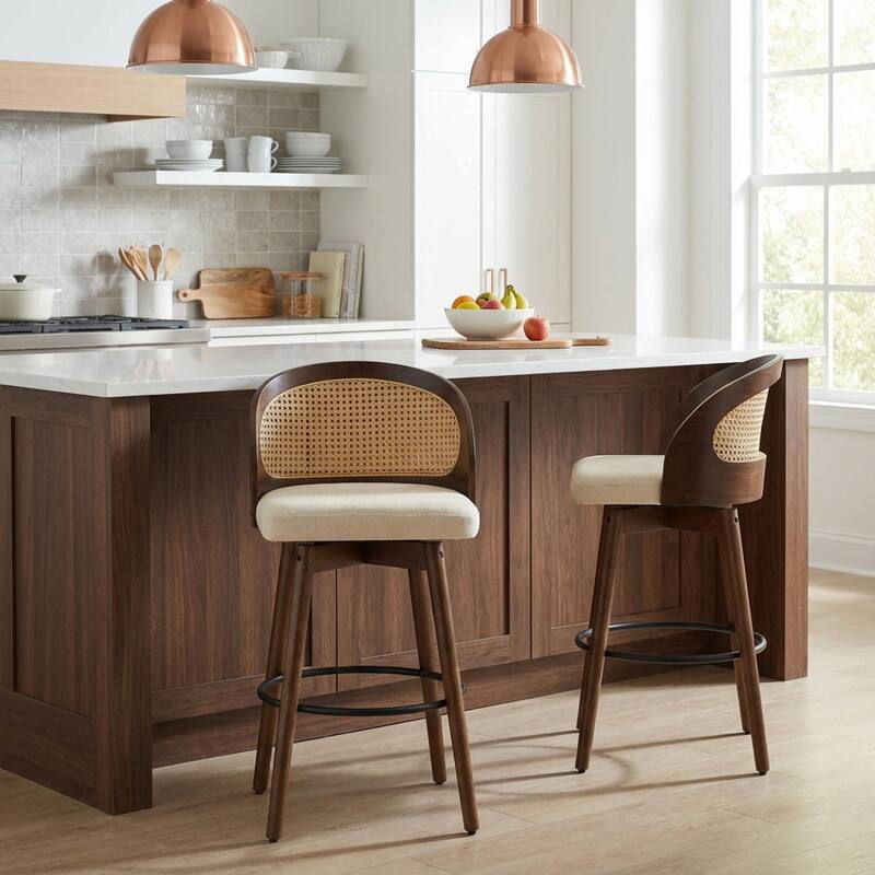 Roomfitters Como Indoor Wood Barstools with Rattan Back, PU Seat Set of 2 - Set of 2