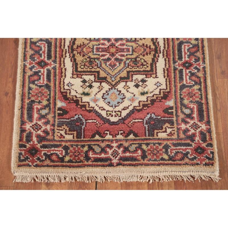 Geometric Heriz-Serapi Accent Rug Handmade Beige Wool Carpet - 2'0"x 4'0"