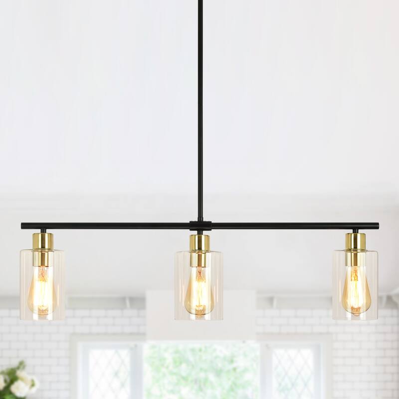 Modern Linear Ceiling Hanging Light 3-Lights Industrial Pendant Light with Adjustable Height for Living Room, Foyer - N/A - Black+Brass