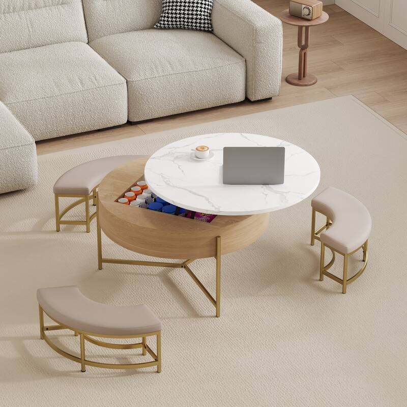 Round Coffee Table with Lift-Top & 3 Ottoman