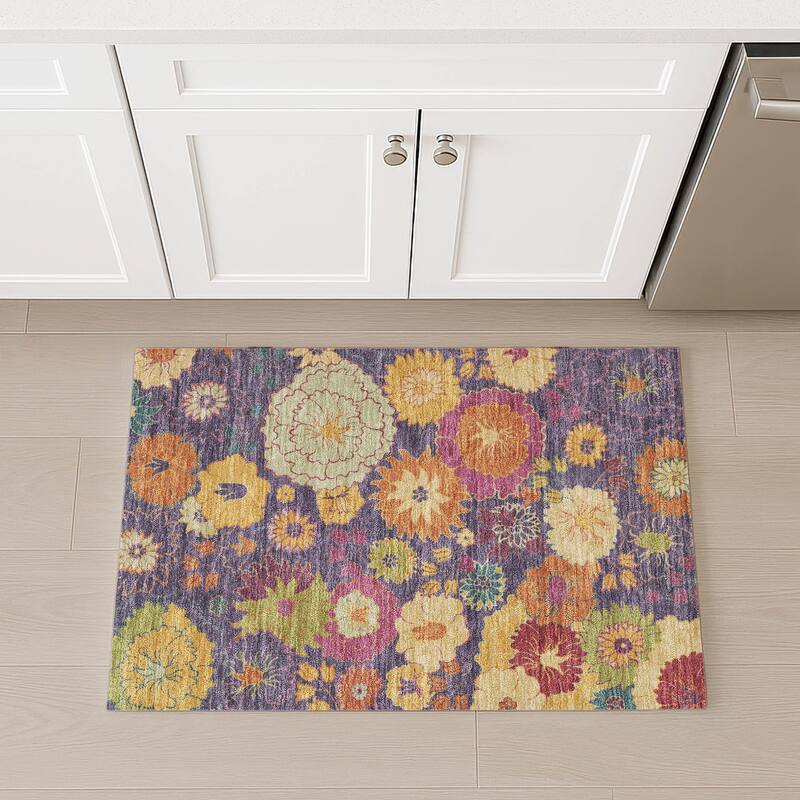 Machine Washable Indoor/ Outdoor Modern Floral Chantille Rug