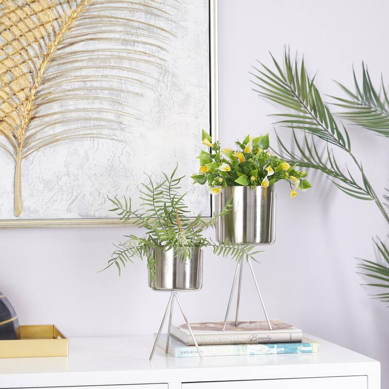 Metal Small Indoor Outdoor Planter with Removable Stand - Set of 2 Silver, Gold or Dark Gray - CosmoLiving by Cosmopolitan