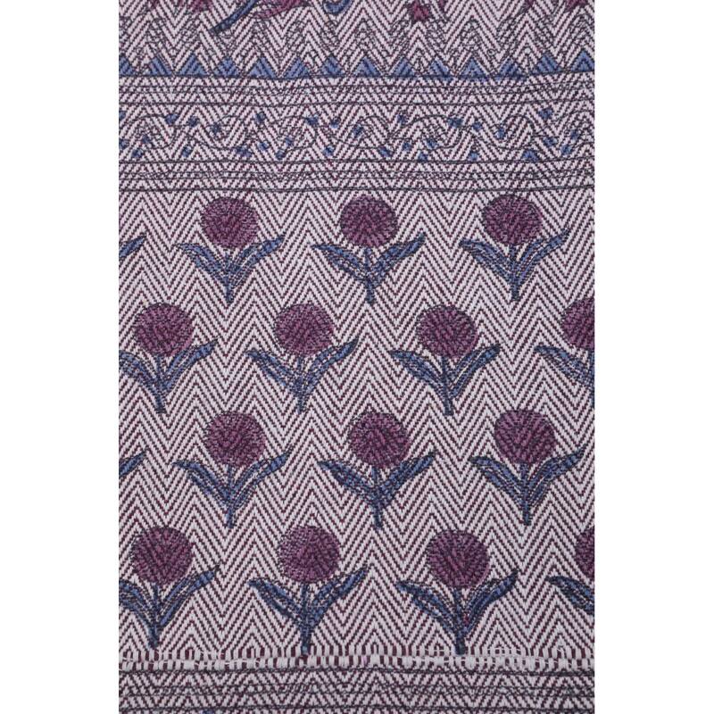 Fabdivine Kamal Dutta Handwoven Cotton Throw Blanket - Floral Block Print, Cozy Sofa & Bed Accent with Natural Fringe, 90"x54"