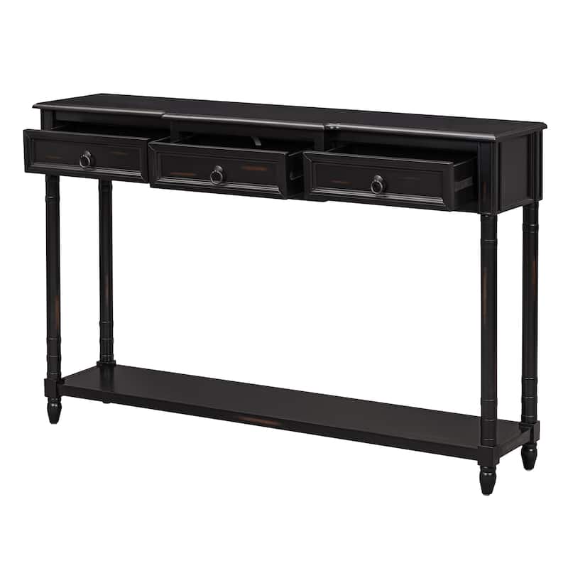 Pine Veneer Long Entryway Table, Console Table Sofa Table with 3 Storage Drawers & Open Storage Shelf, Tapered Table Legs