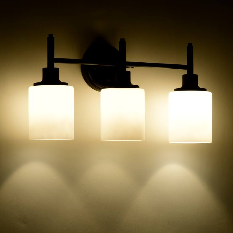 21 in. 3-Light Matte Black Finish Vanity Light with White Glass Shades - 21.6 in. L x 6.75 in. W x 10.6 in. H