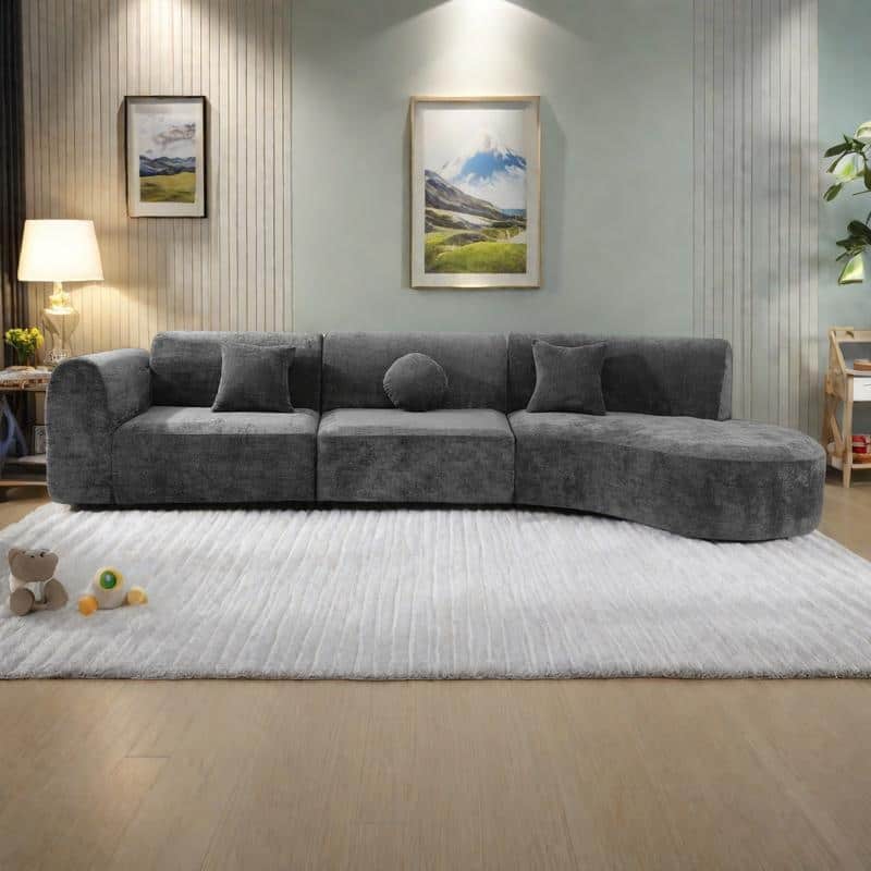 140" Polyester Curved Sectional Sofa - 3-Piece Set with Chaise Lounge (High-Density Foam, Fully Assembled) - Dark Gray