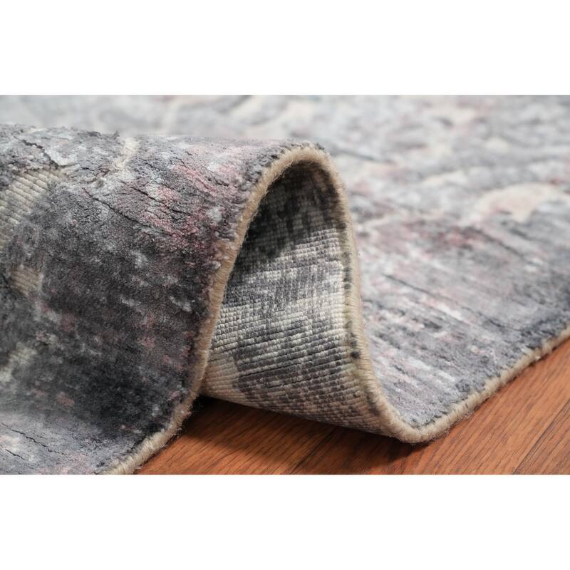 Hand Knotted Oriental Viscose Silk Carpet Modern Floral Greys & Charcoal Abstract Area Rug - 6' 11'' X 5' 6''