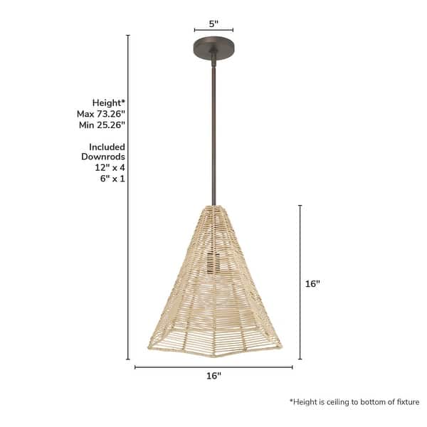Hunter Comet 16" 1-Light Boho Rattan Pendant - Kitchen, Bedroom, Living Room, Dining Room, Entry - Transitional, Coastal