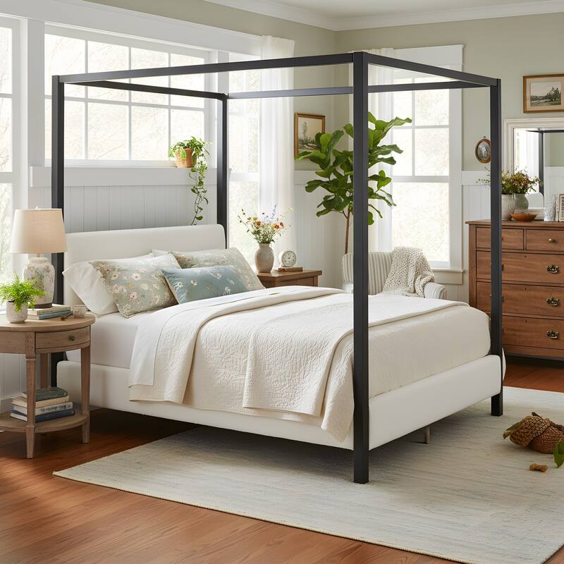 Christopher Knight Home - Mid-Century Modern Bouclé Upholstered Metal Canopy Bed Frame with Padded Headboard - White+Black - Queen