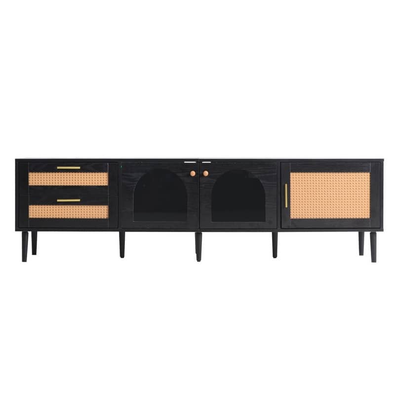 Rattan-Inspired 80'' Media Console with LED Lights & Ample Storage