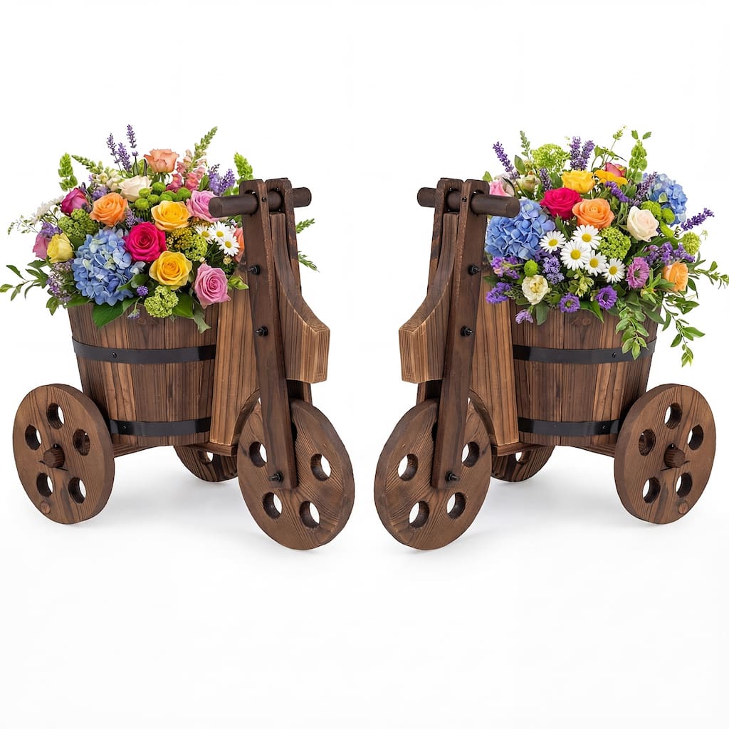 Gymax 2PCS Rustic Wood Tricycle Planter w/Barrel Pot & Drainage for