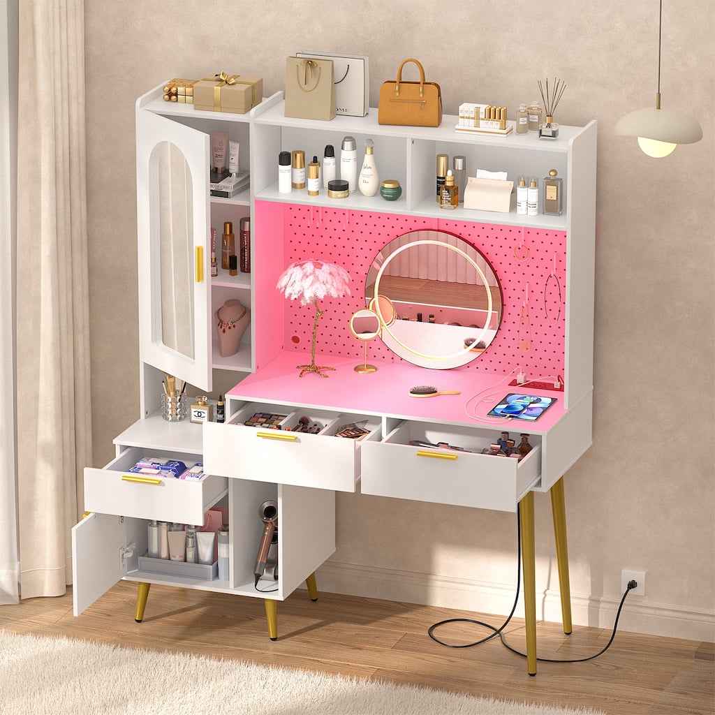 Makeup Vanity with Pegboard and Hutch, Bedroom Vanity Table with Charge Station and LED Light