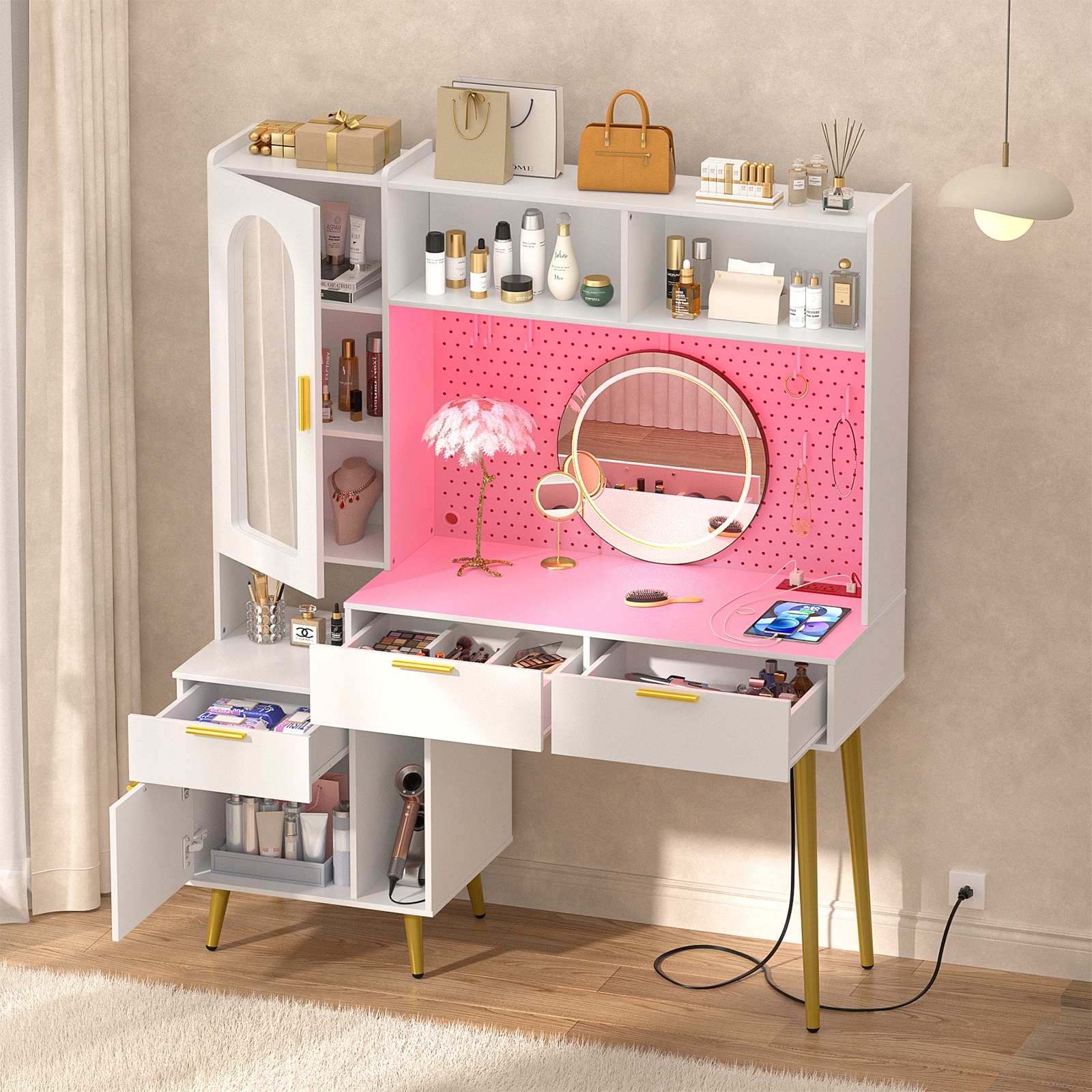 Makeup Vanity with Pegboard and Hutch, Bedroom Vanity Table with Charge Station and LED Light