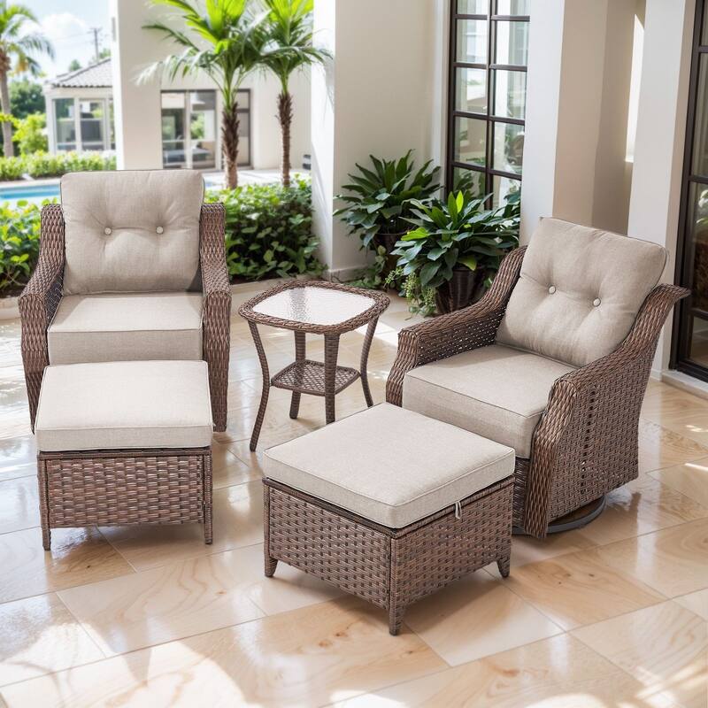 Artisan 5-Piece Wicker Patio Swivel Glider Set with 6-Inch Thick Cushions