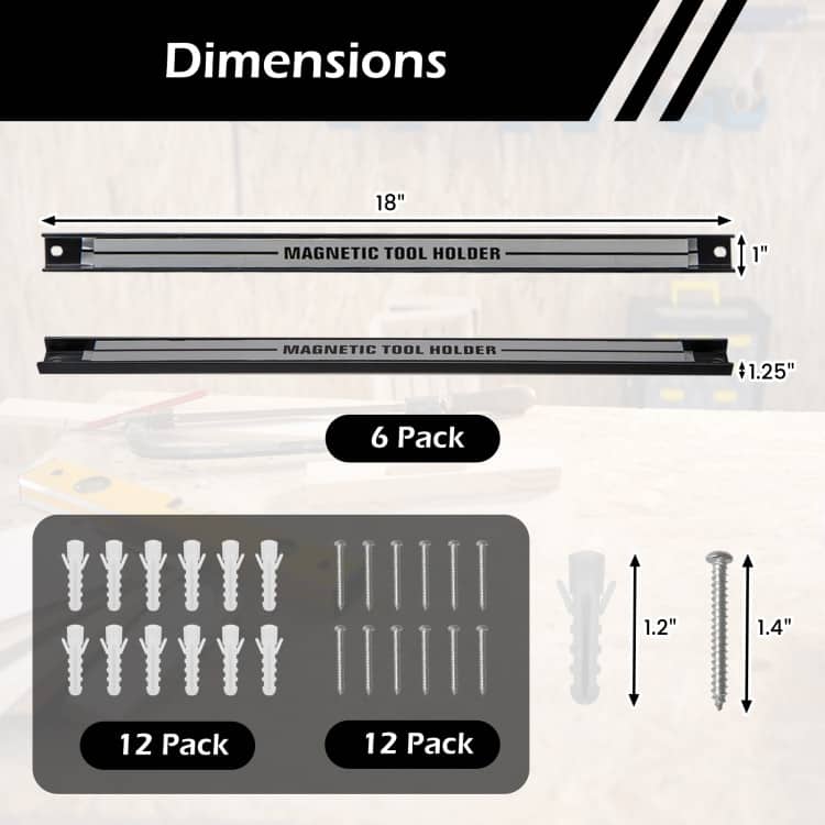 Carbon Steel Magnetic Tool Holder Set with 6 Strips - 18” x 1” x 0.5”
