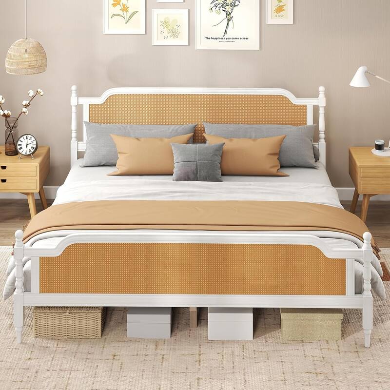 Wooden Platform Bed Bed Frame w/Hand-Woven Rattan Headboard & Footboard, Boho and Mid Century Style Bed Frame, Solid Pine Wood - White Walnut - Full