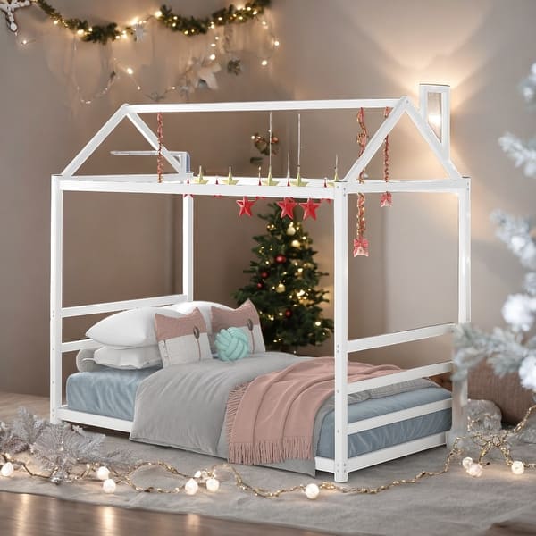 slide 2 of 12, House Platform Twin Bed with Roof and Chimney Design, Sturdy Metal Frame White