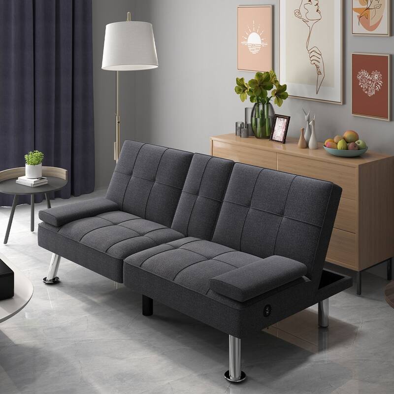 Linen Upholstered Modern Convertible Folding Futon Sofa Bed for Compact Living Space