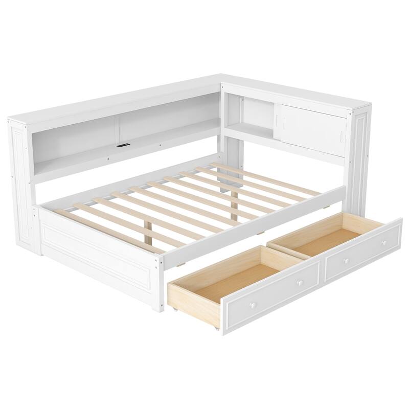 GDFStudio - Modern Wooden Full Size Daybed with Storage Shelves, Drawers, USB and LED