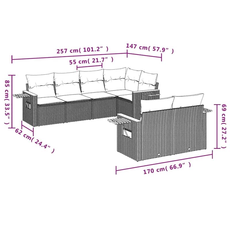 vidaXL Patio Sofa Set with Cushions Outdoor Furniture 7 Piece Poly Rattan - 24.4 x 33.5 x 27.2 in