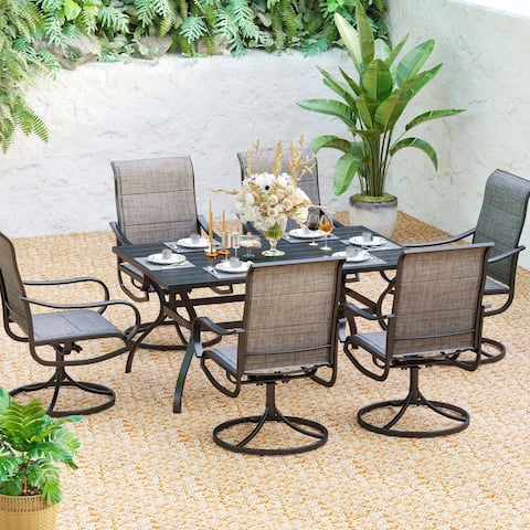 Outdoor Dining Set, 6 Patio Swivel Chairs Padded Sling Fabric and 60"x 38" Rectangule Dining Table with Umbrella Hole