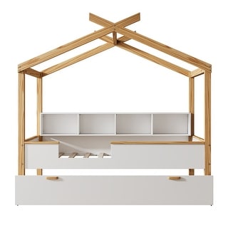 White Full Size Wooden House Bed with Storage Bookshelf Original Wood Colored Frame with Twin Trundle for Children or Guest Room