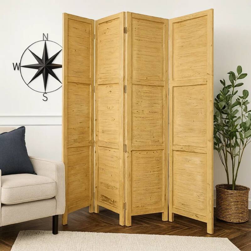 Wooden 4 Panel Foldable Floor Screen with Textured Panels, Yellow