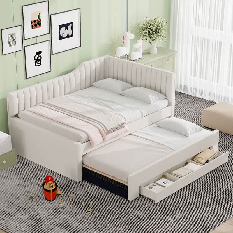 Full Size Linen Daybed with Trundle and 3 Storage Drawers and Multi-Functional Upholstered Bed (400lbs Capacity) - Beige