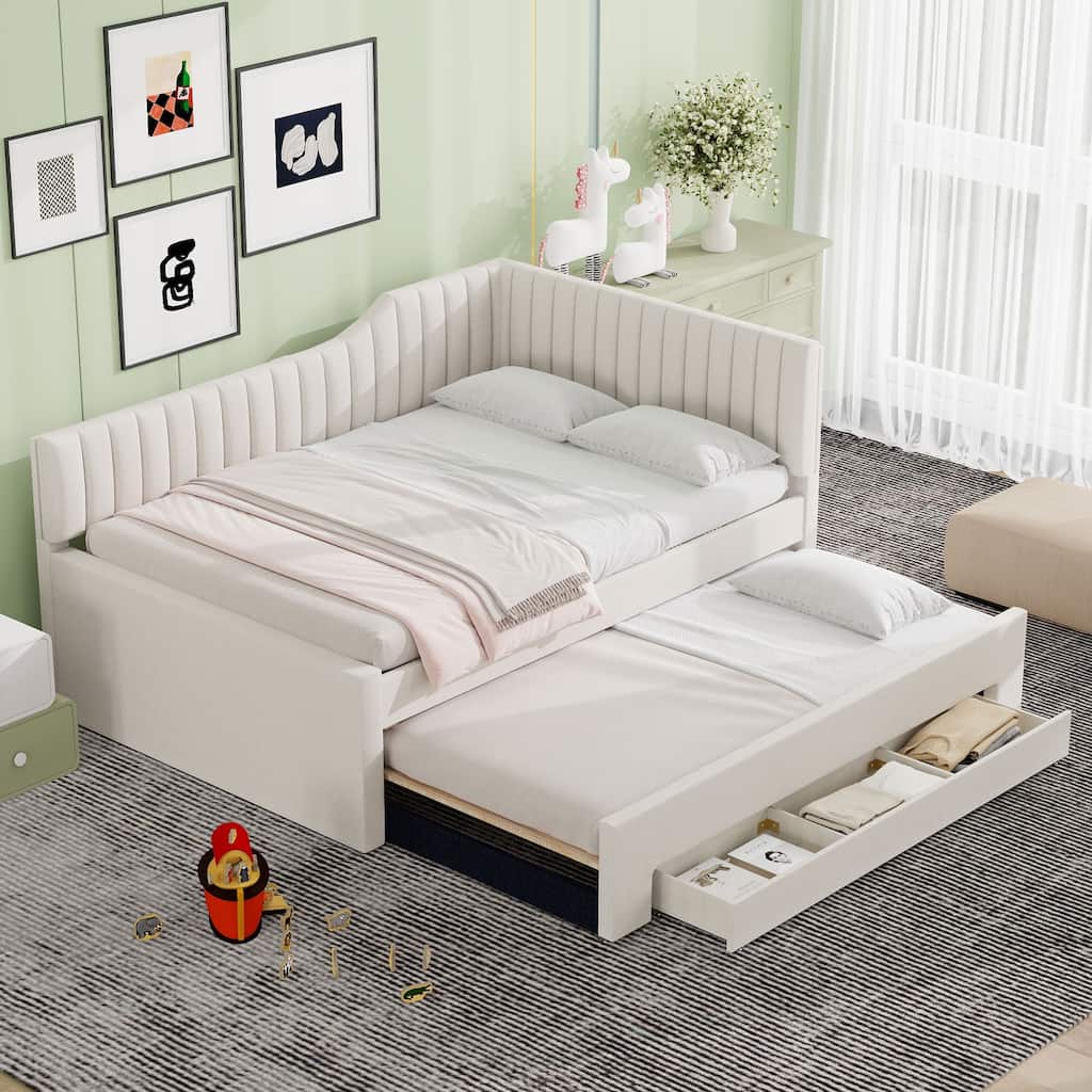 Full Size Linen Daybed with Trundle and 3 Storage Drawers and Multi-Functional Upholstered Bed (400lbs Capacity)