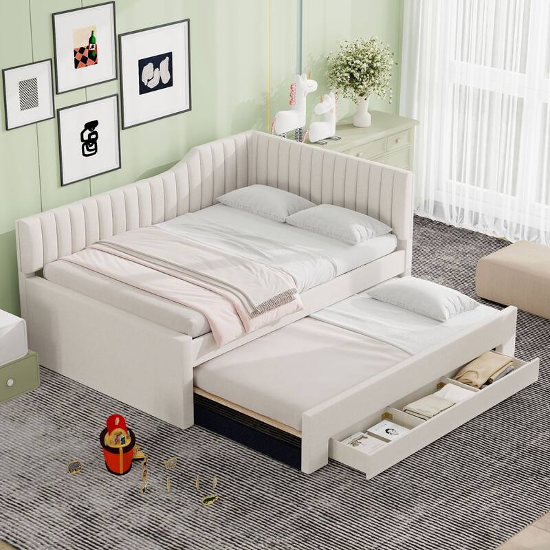 Upholstered Linen Bed Frame, Full Size Daybed with Pull-out Trundle and Storage Three Drawers for Bedroom/Apartment