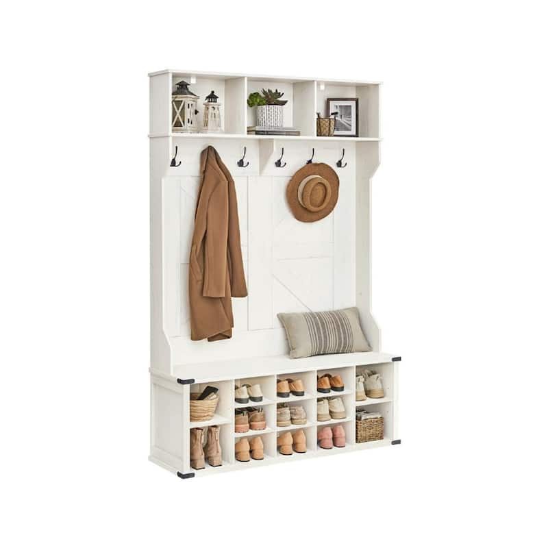 4-in-1 Hall Tree with Bench Coat Hooks Shoe Cubby Storage and Top Shelves Farmhouse Entryway Rack - 15.7"D x 51.2"W x 78.7"H