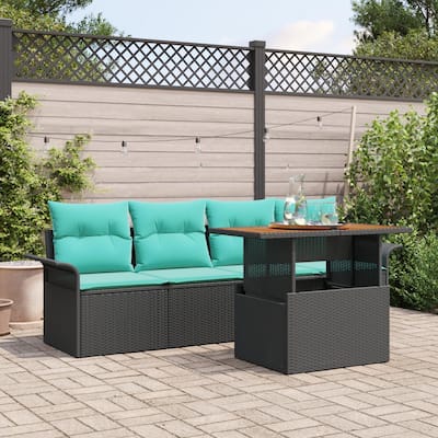 vidaXL 5 Piece Garden Sofa Set with Cushions Black Poly Rattan - 98.8×24.4×27.2