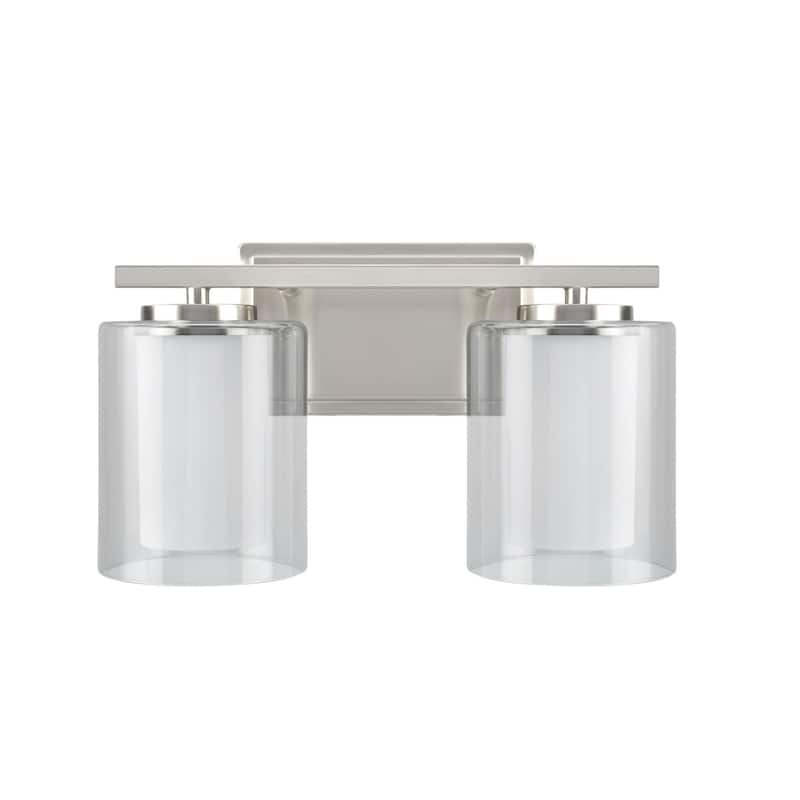 Aspen Creative Two-Light Metal Bathroom Vanity Wall Light Fixture, 13 1/2" Wide, Satin Nickel with Clear Glass Shade
