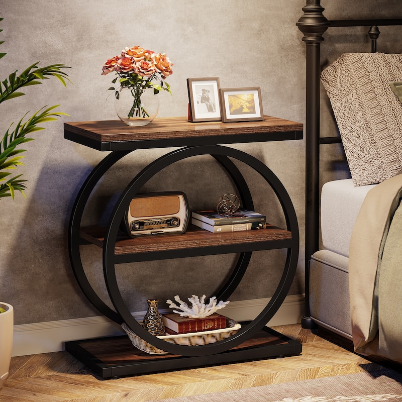 23.62 Inches Brown Wooden End Table with Geometric Base for Living Room, Industrial Nightstand for Bedroom