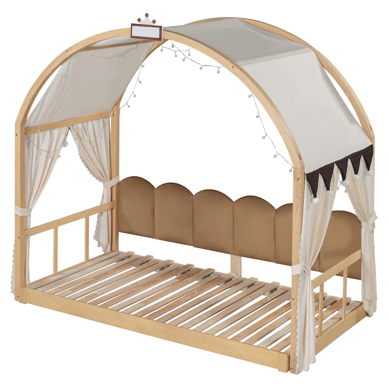 Wood Twin Size Bed Frame with Arched Roof, Floor Bed with Light and Curtain, Pull-out Kids Bed for Girls Boys Bedroom