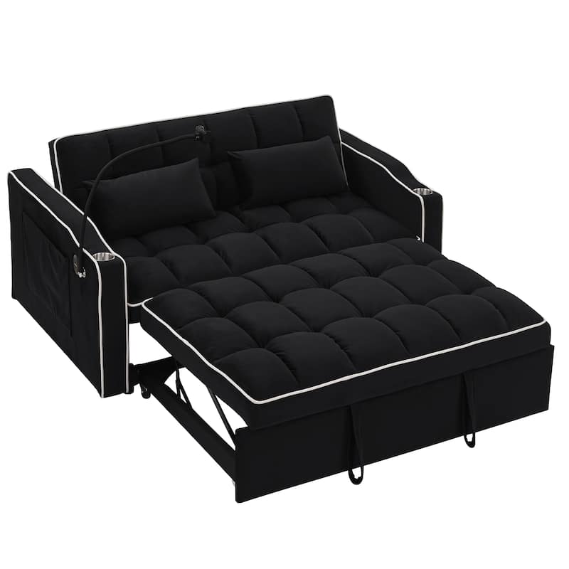 55.5"Solid Wood 2-Seat Sofa with USB Charging Ports and Phone Stand,Includes 2 Soft Pillows
