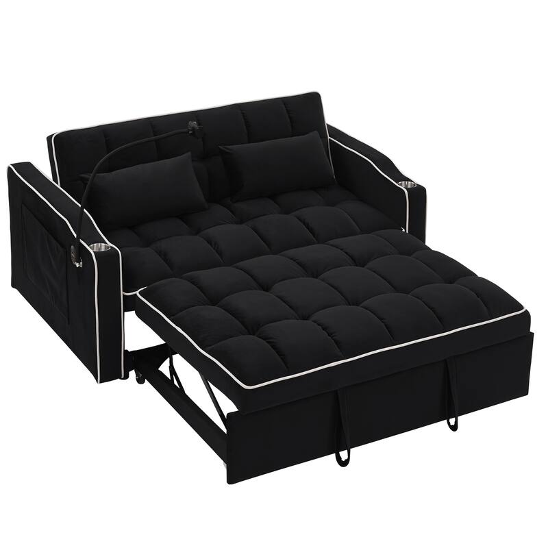 Modern Sofa Velvet Pull-out Bed, Adjustable Back and with USB Port