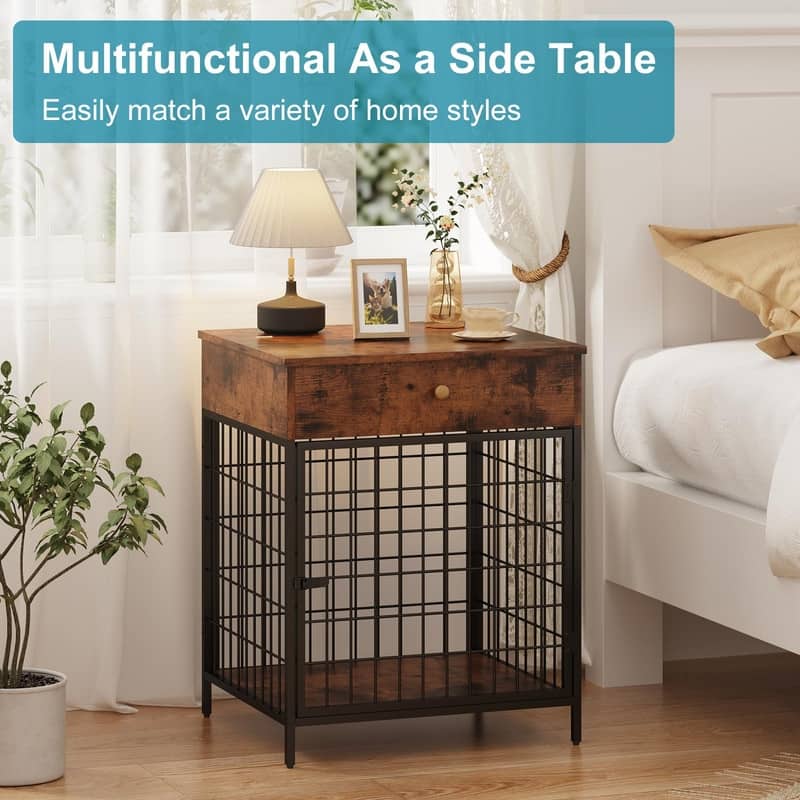 Wooden Dog Kennel Crate Furniture Side Table End Table with Drawer for Small Dogs