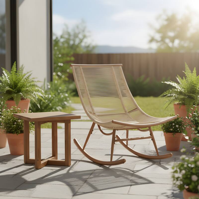 Christopher Knight Home - Modern Outdoor Metal Frame Woven Arc Rocking Chair and Solid Acacia Wood Side Table Set