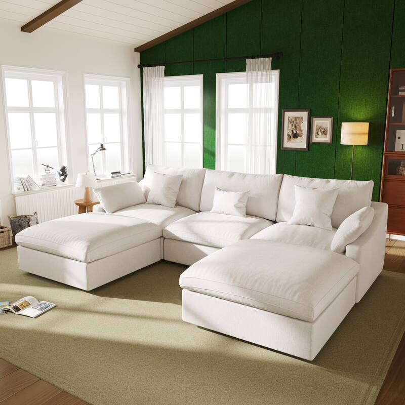 119'' Linen Upholstered Sectional Sofa 5 Seats U-shape Modular Couch