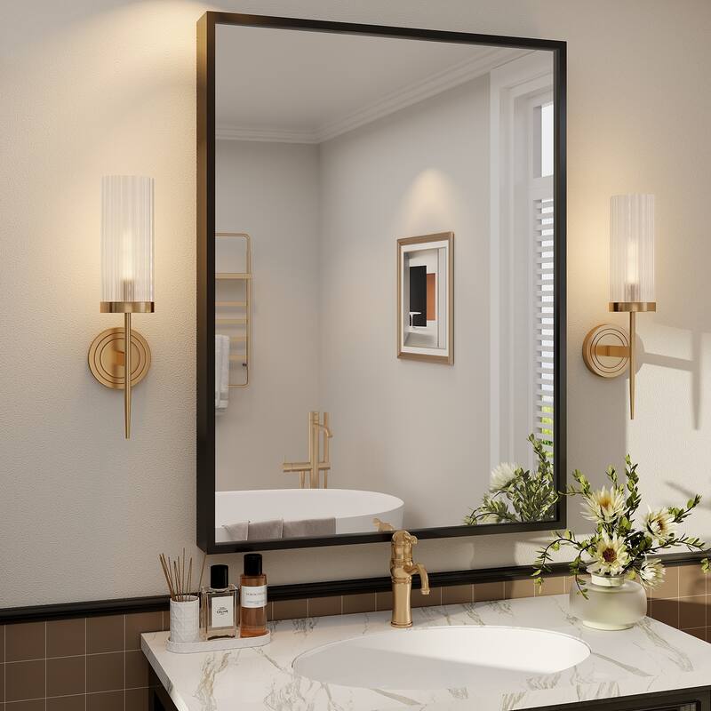 Tempered Glass and Metal Framed French Cleat Mounted Wall Bathroom / Vanity Mirror - 40" x 30" - Black