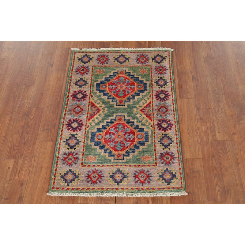 Green Geometric Kazak Accent Rug Hand-Knotted Wool Carpet - 2'0"x 2'11"