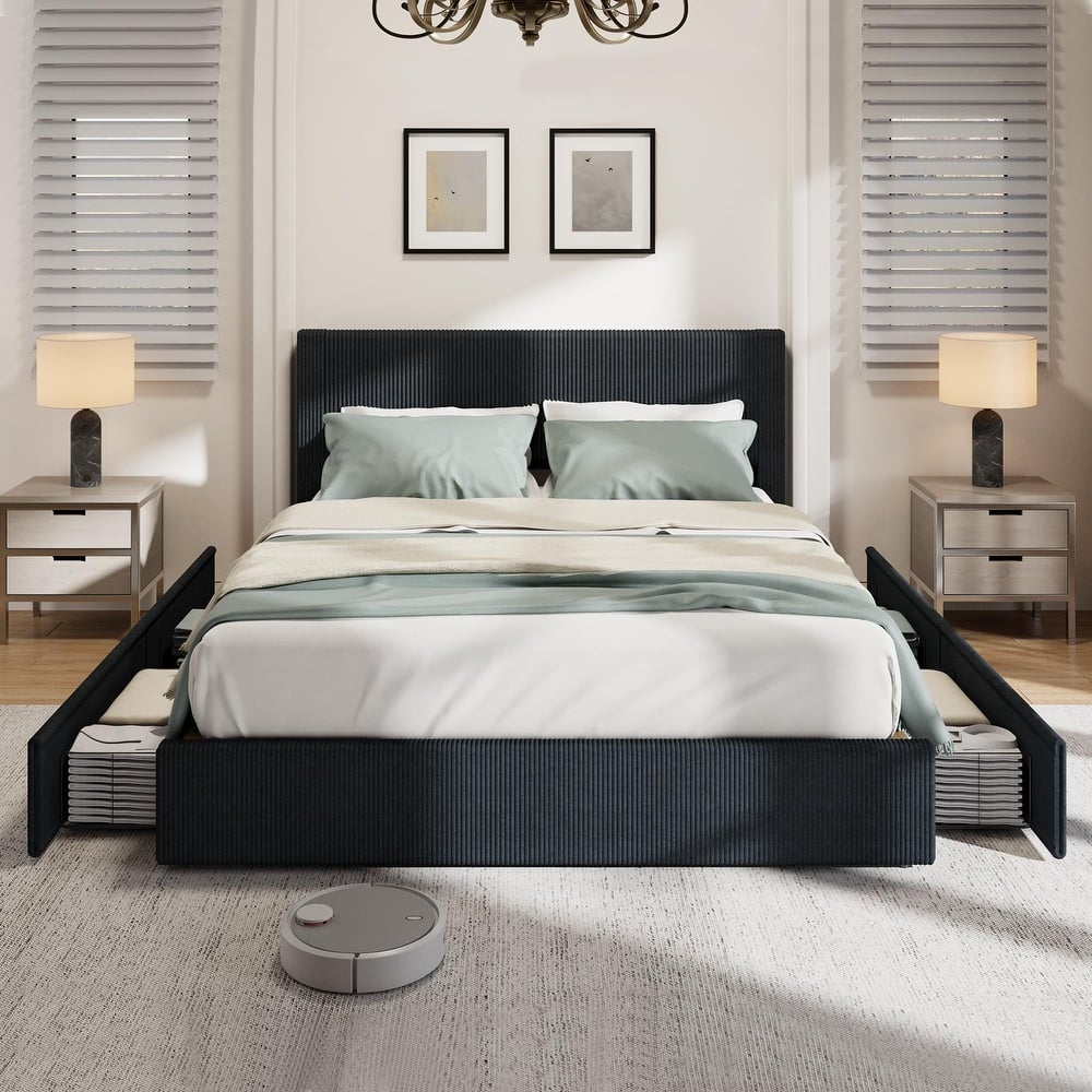 Upholstered Corduroy Channel Tufted Headboard Bed Frame, with 4 Storage Drawers
