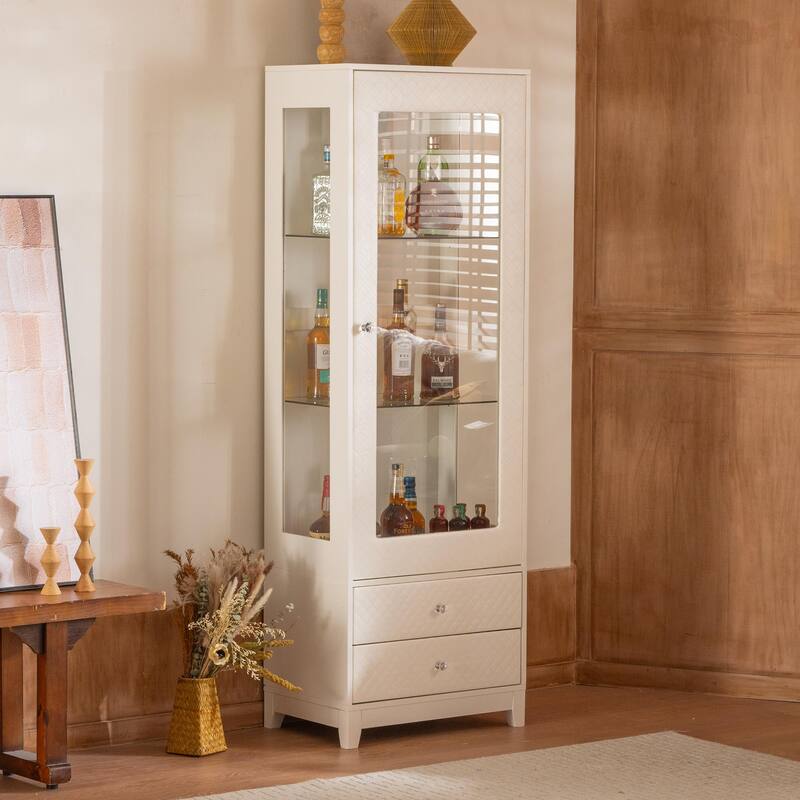 Anmytek 71'' Freestanding Upholstered Display Cabinet, Upholstered Glass Door Cabinet with Ceiling Light,Wine Cabinet