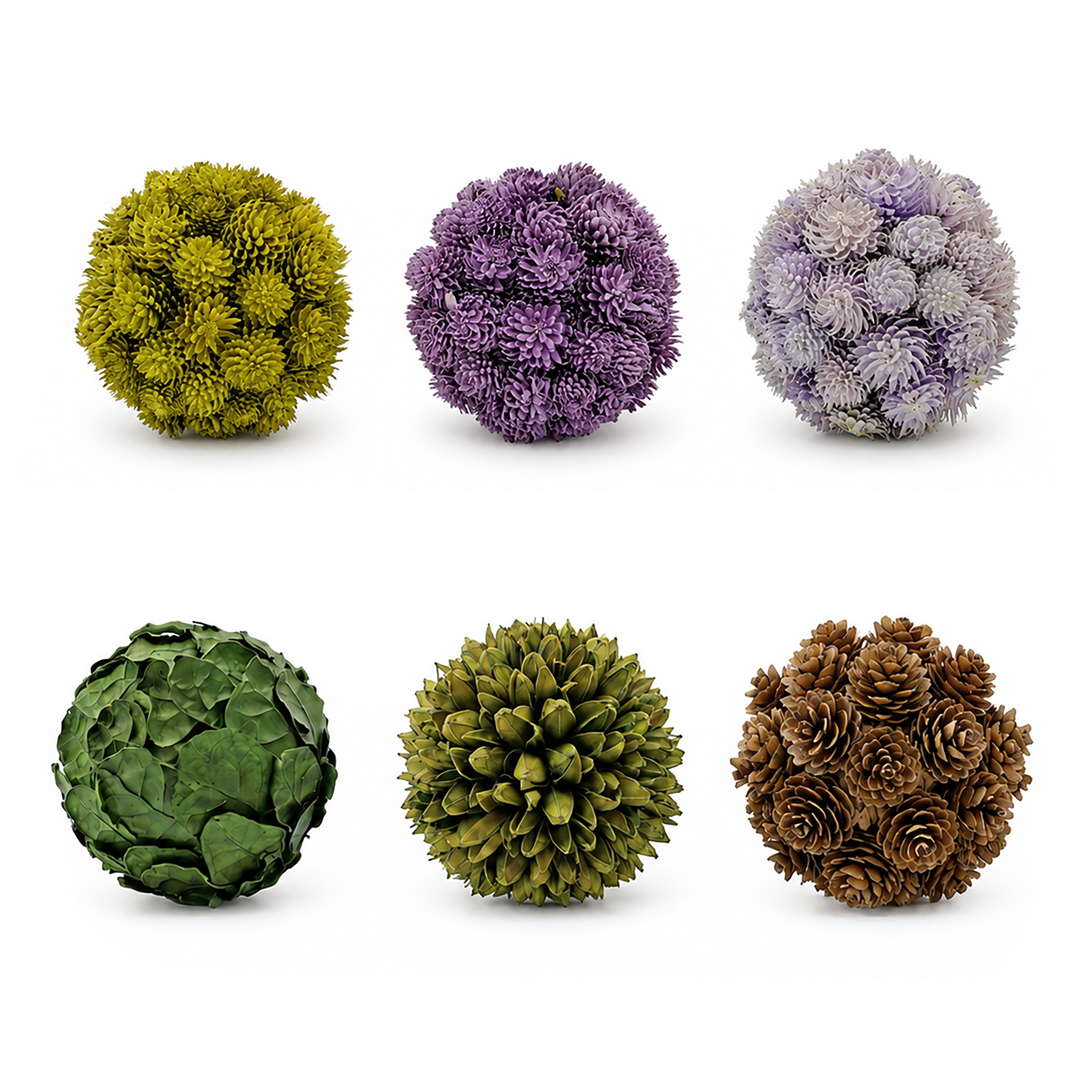 Handmade Preserved Topiary Balls, Decorative Botanical Bowl Filler in Purple, Green & Brown, Set of 6