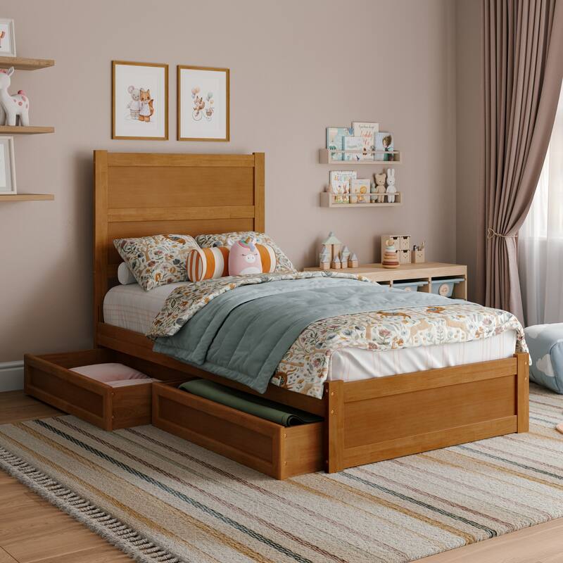 Aveline Wood Platform Bed with Matching Footboard & Storage Drawers - Twin - Light Toffee
